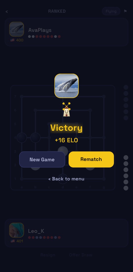 A victory screen after a ranked online match in the Nine Men's Morris app, showing a gold Victory banner and Elo rating gain.